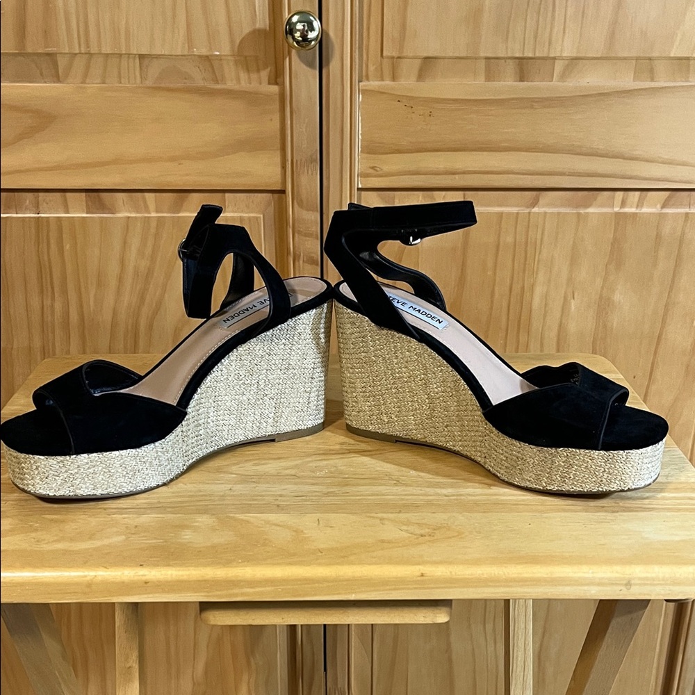 Steve Madden Black Suede Espadrille Platform Wedges